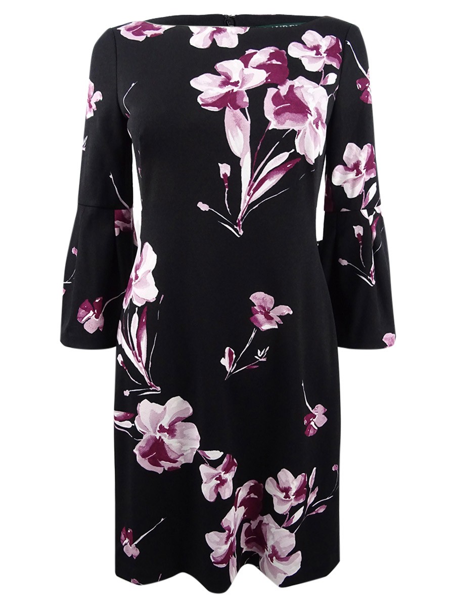 Lauren by Ralph Lauren Women’s Floral-Print Bell Sleeve Dress (8, Black Multi)