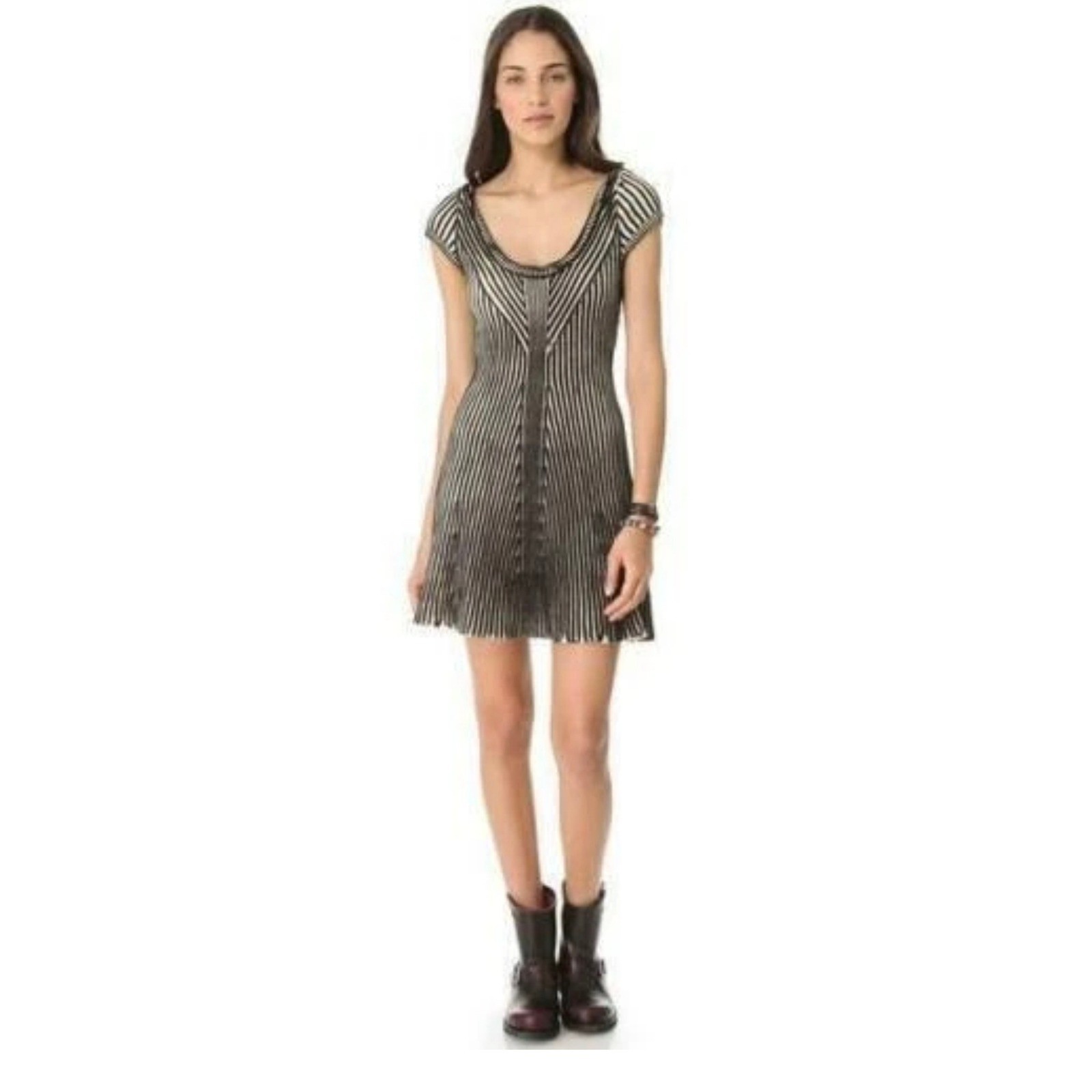 Free People Hot Off The Press Sweater Dress Medium Black Cream Knit Striped Boho