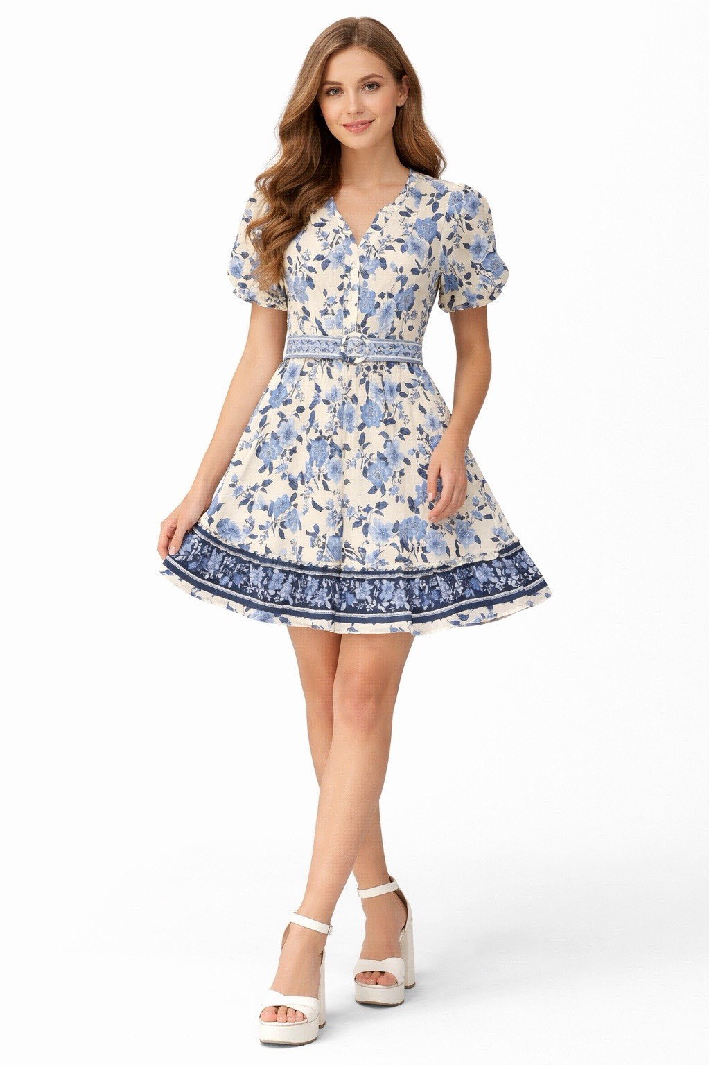 Joie Floral Belted Puff Short Sleeve A-Line Dress 8 Ivory Blue Cotton Spandex