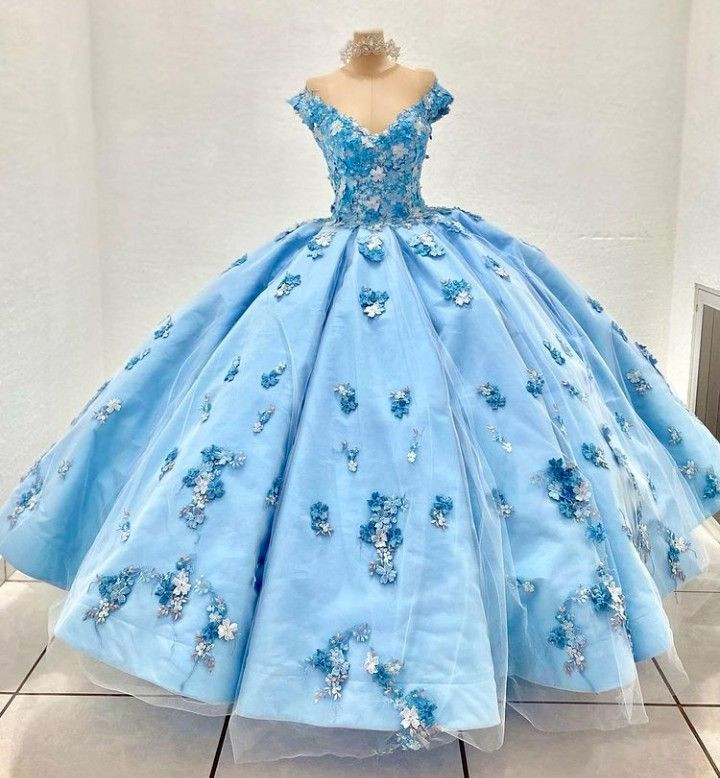 Sky Blue Quinceanera Dresses 3D Flowes Off Shoulder Birthday Party Ball Gown