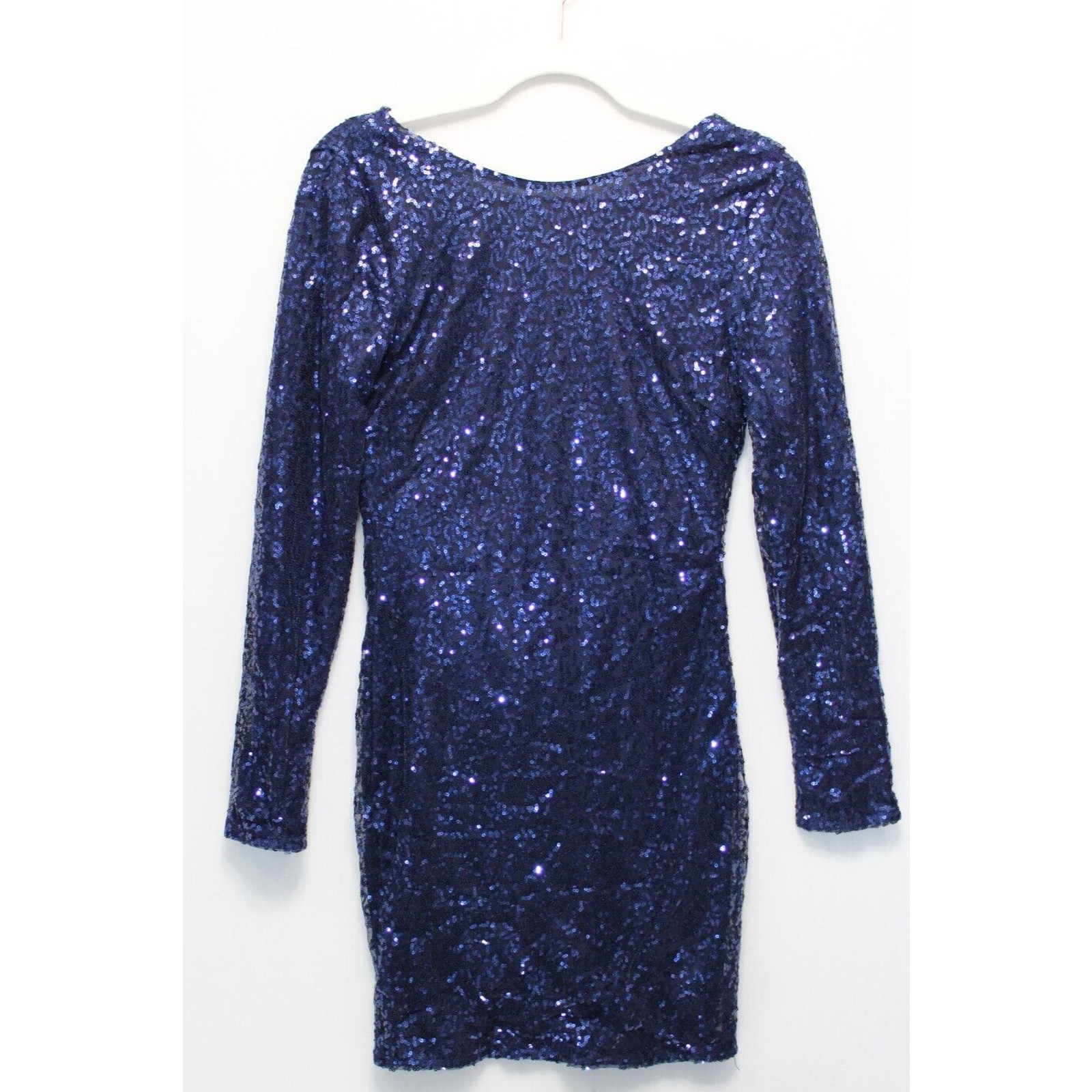 Club L Bodycon All Over Sequin Short Dress Women 8 Open Cowl Back Side Zip Blue
