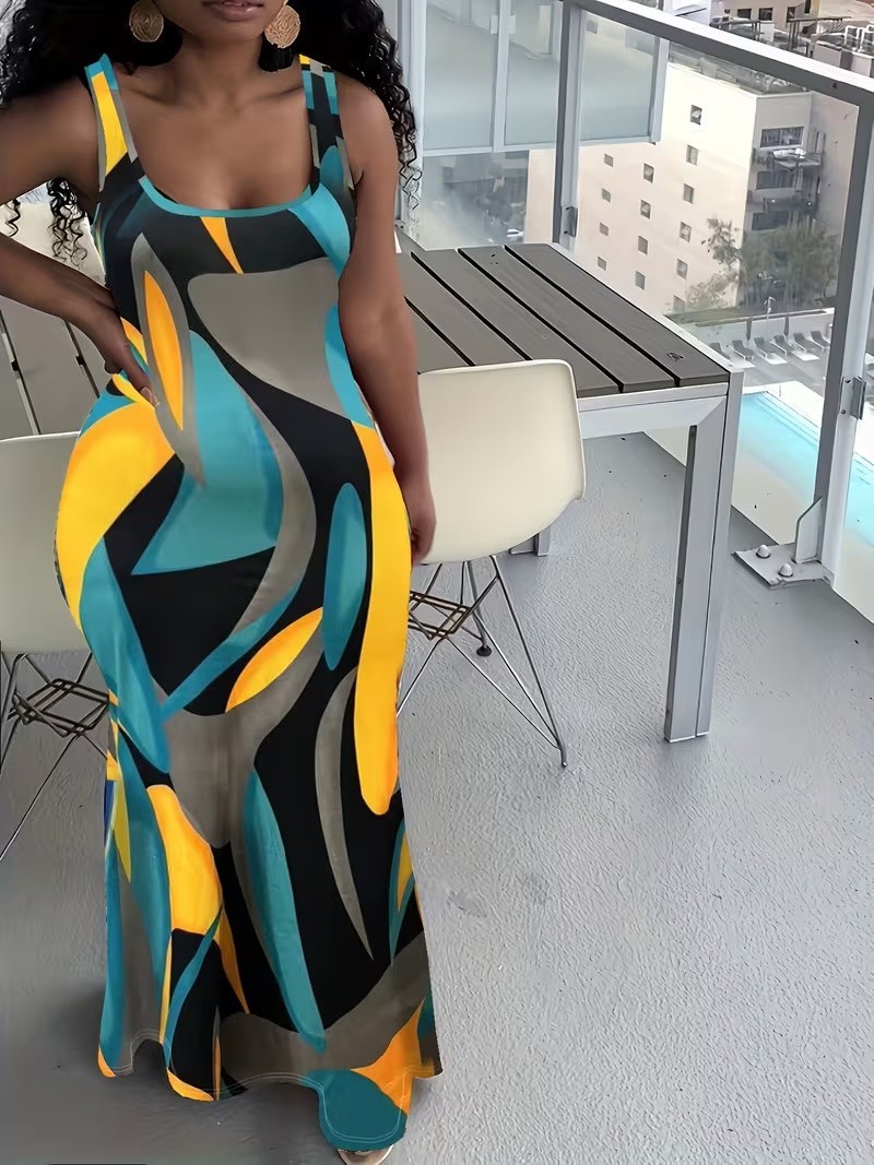 Plus Size Summer Women’S Stylish Color-Blocked Printed Sleeveless Dress