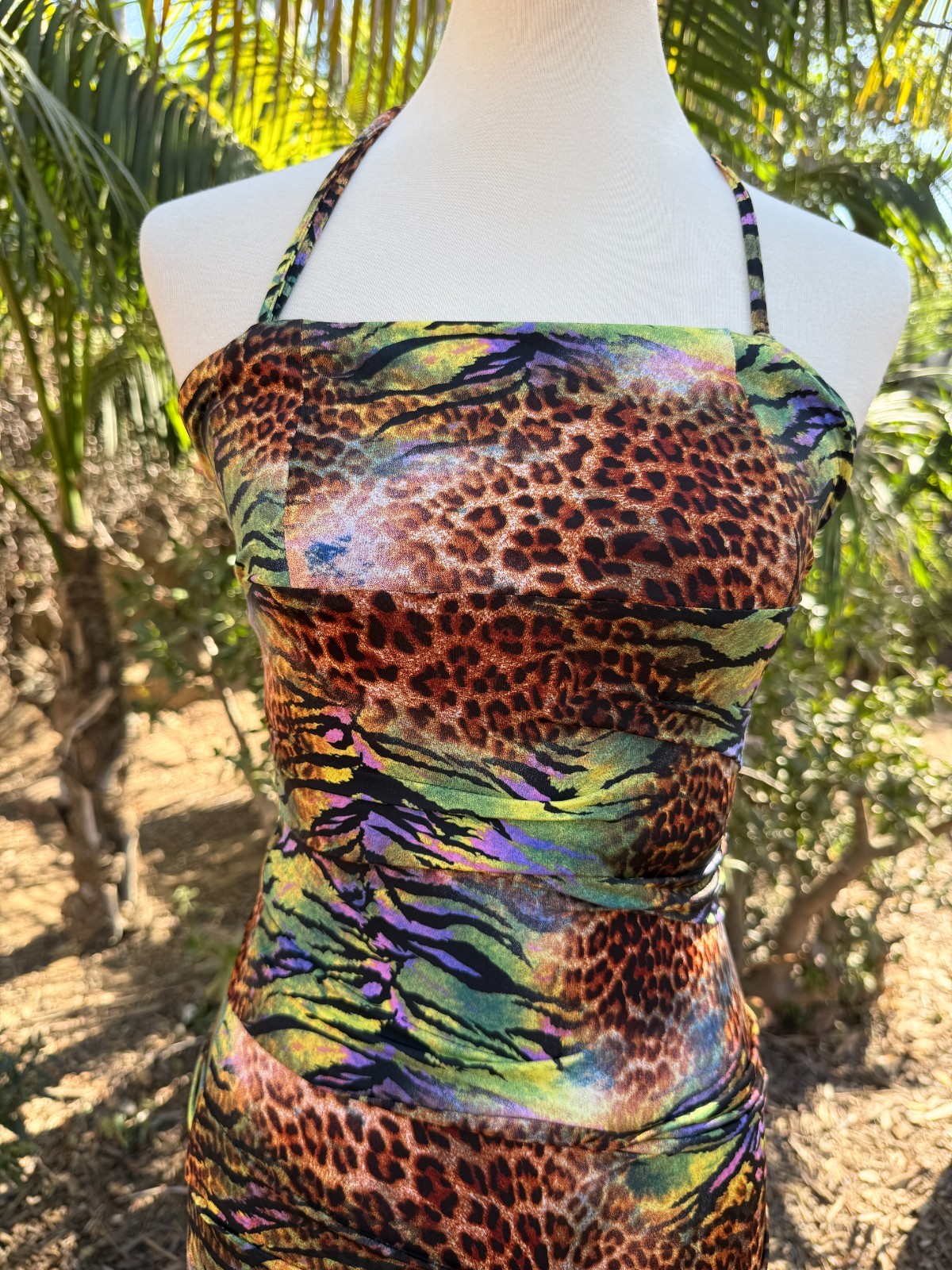 Forever 21 Y2K Rave Neon Ruched Animal Print Halter Bodycon Mini Dress Size S/P