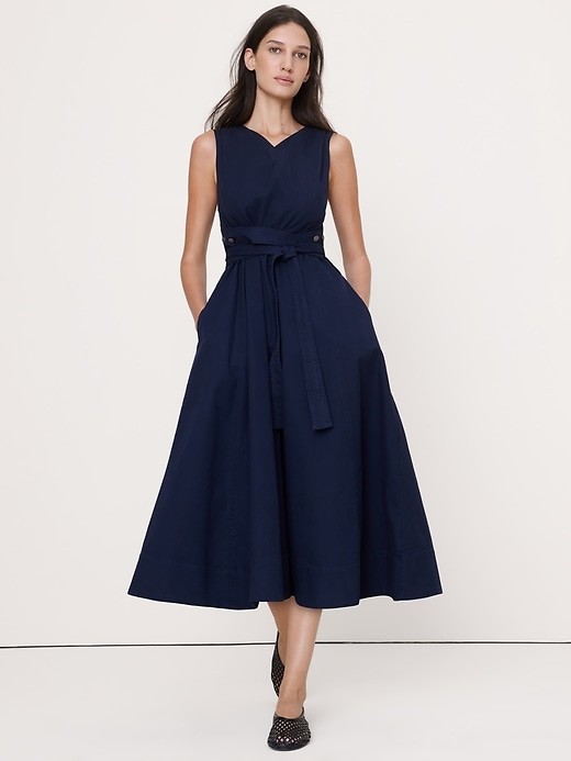 Banana Republic L Large Cotton Canvas Midi Dress Navy Blue NWT! #873211