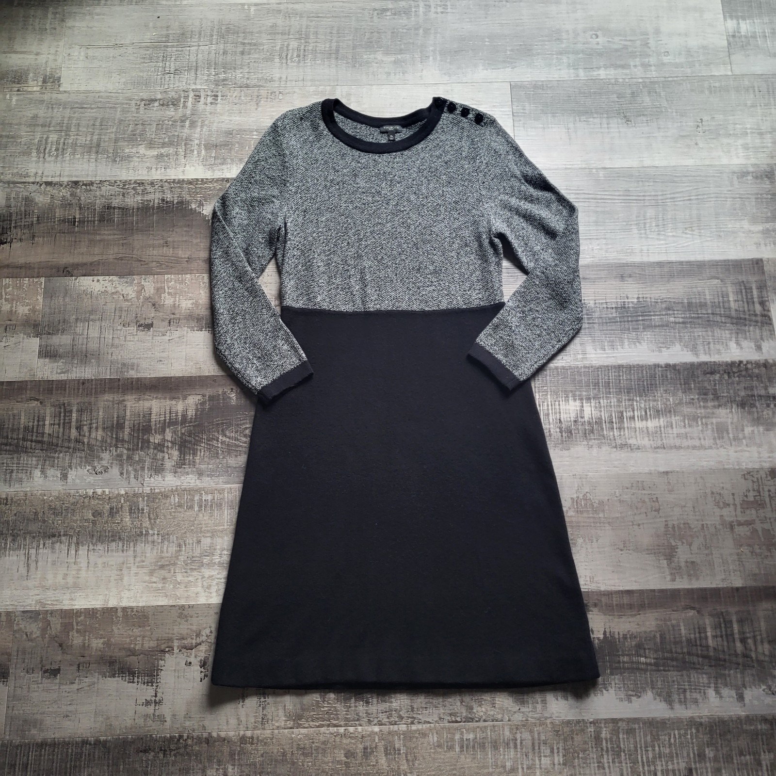 Talbots Sweater Dress Medium Petite Black Gray Colorblock Cashmere Blend Classic