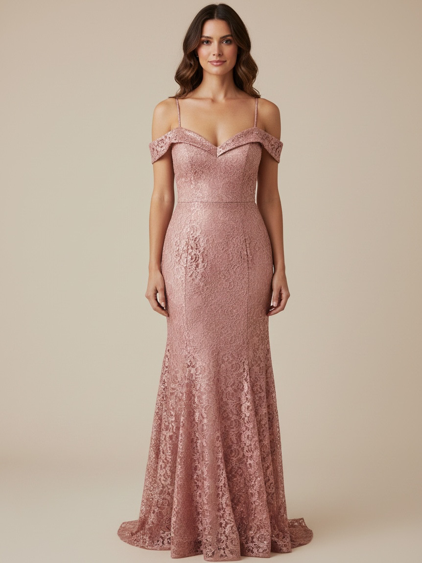 R&M Richards Women’s Dusty Pink Lace Off-The-Shoulder Evening Gown Size 16
