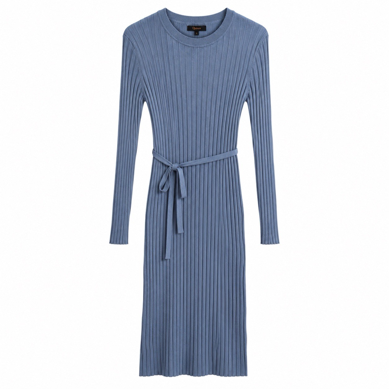 Quince Cashmere Blend Rib Knit Midi Sweater Dress Blue Tie Waist Womens