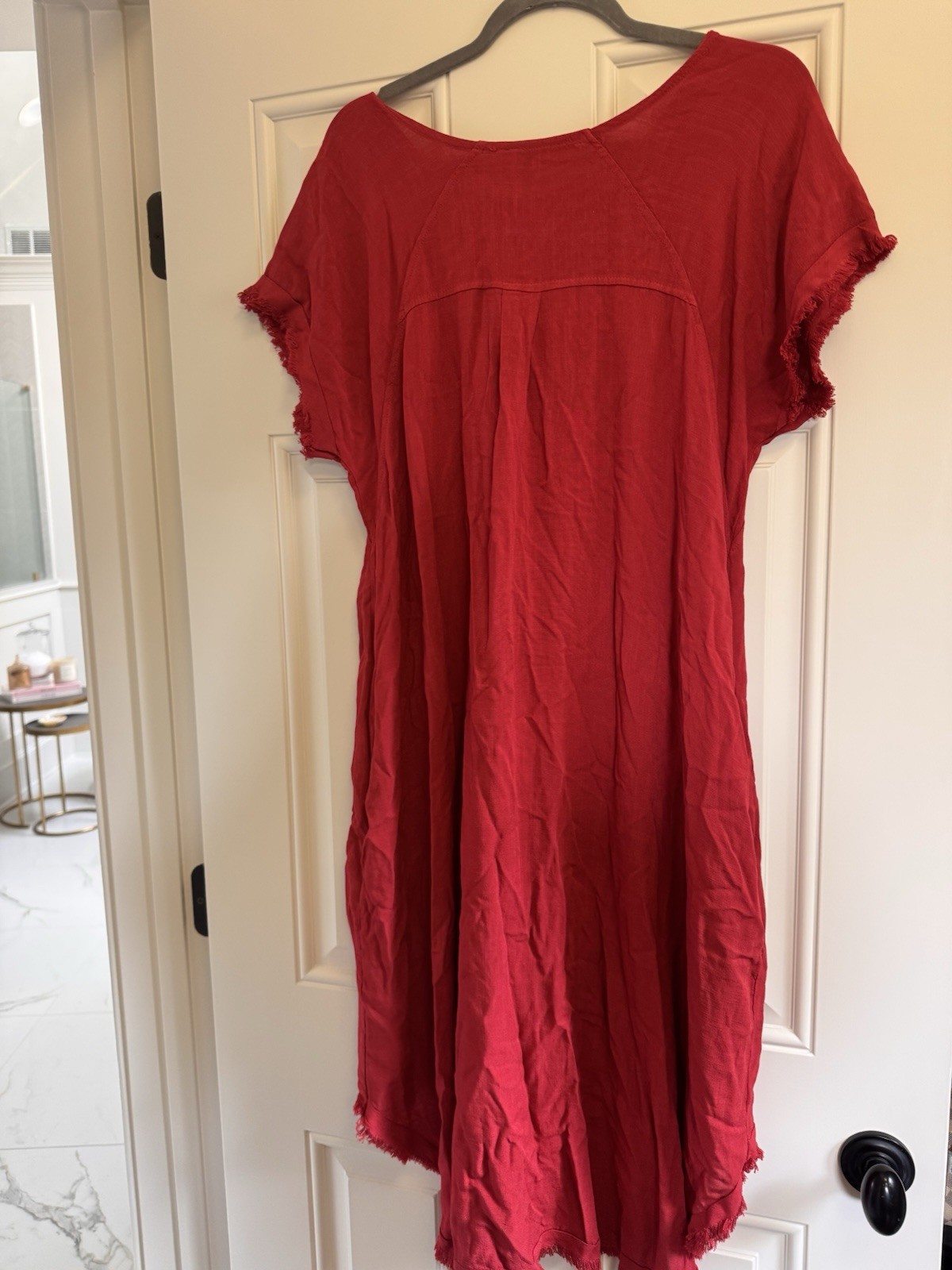 Umgee Red Linen Blend Frayed Hem High Low Midi Shift Dress Oversized Small