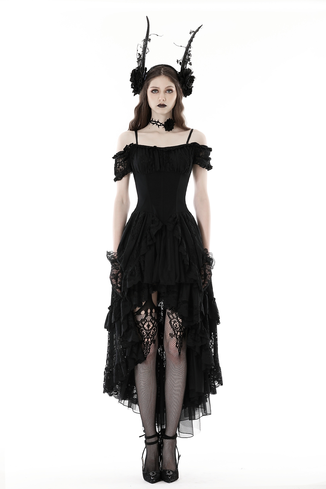 DARK IN LOVE Women Black Punk Gothic Elegant Lady Lace Dovetail Party Dress