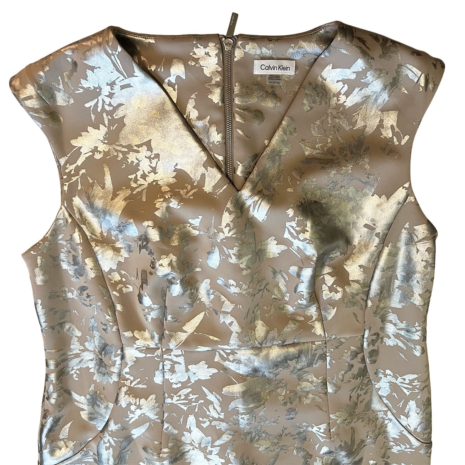 Calvin Klein Foil Floral Jacquard Sheath V-Neck Dress Silver Champagne Size 20W