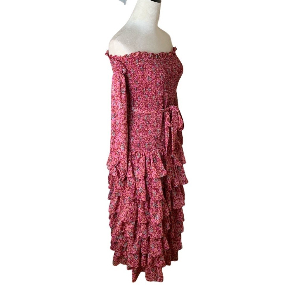 LIKELY Mitzie Pink Floral Ruffle Tiered Midi Dress 10 | Smocked Off Shoulder