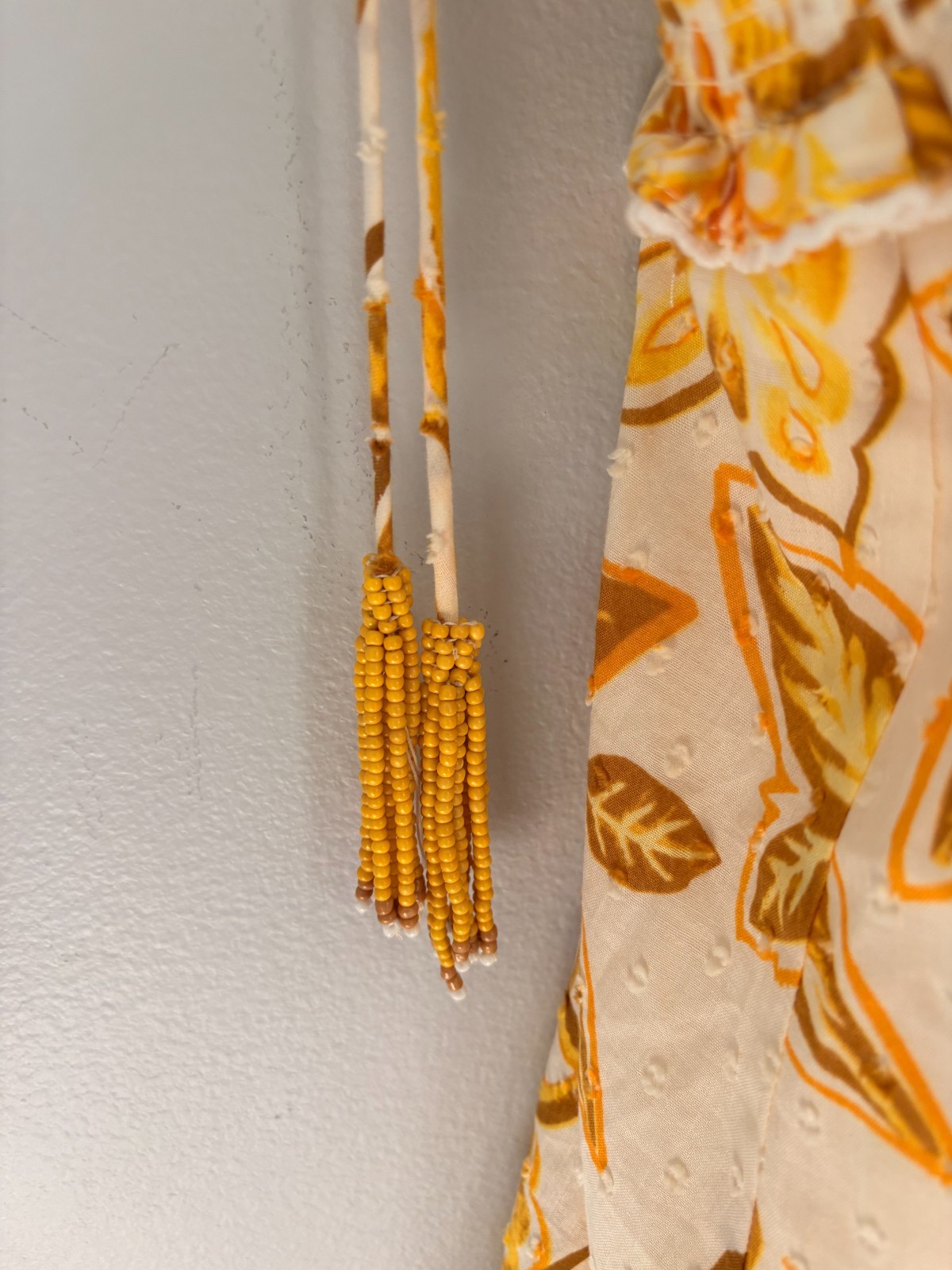 Caroline Constas Women’s Medium Mini Dress Yellow Floral Eyelet Cotton Tassel