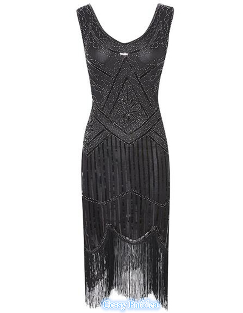 ZA2-1 Black Ladies 1920s Roaring 20s Flapper Gatsby Costume Sequins Outfit Dress