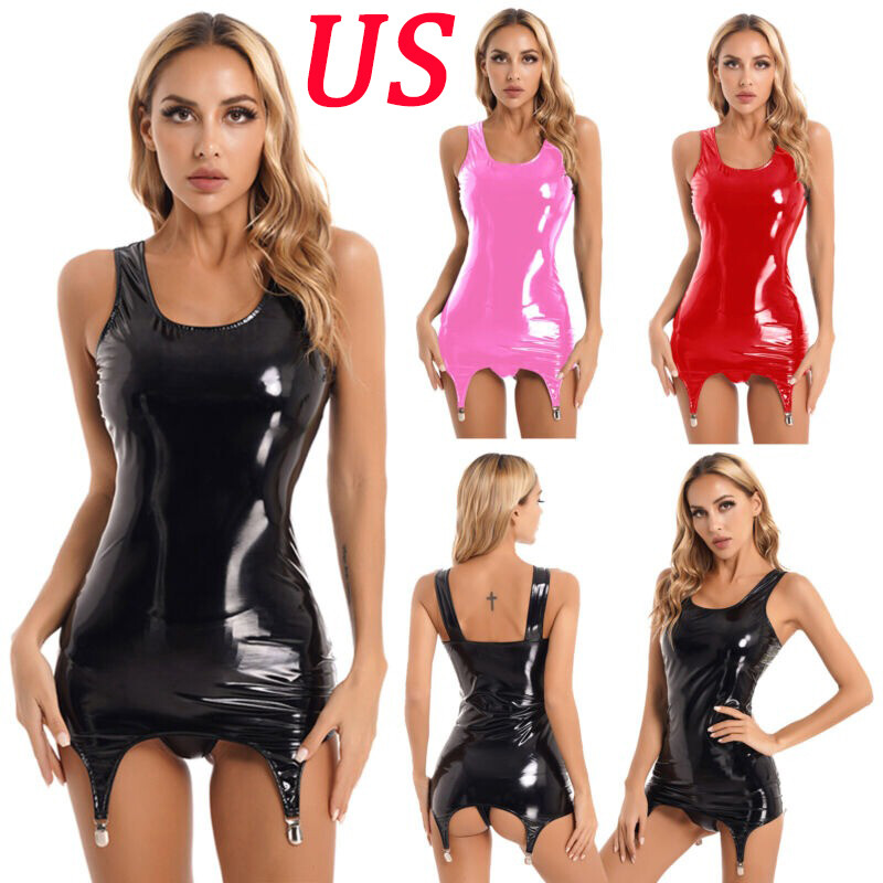 US Womens Latex Mini Dress Wet Look Patent Leather Bodycon Dress w/Metal Clip