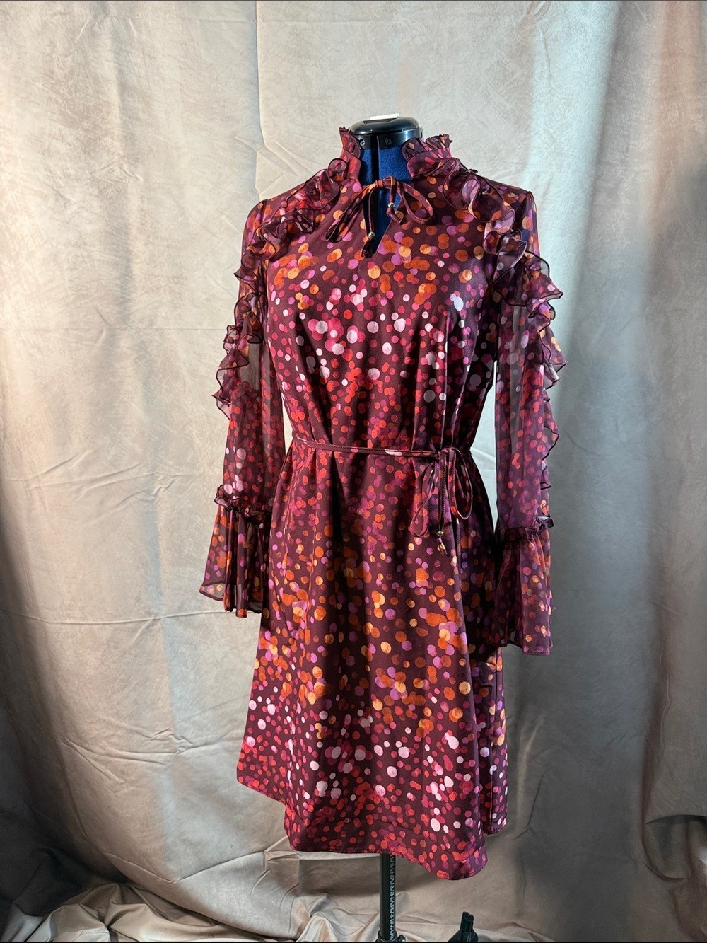 02 – Christian Siriano Maroon Polka Dot Tie-Detail Dress