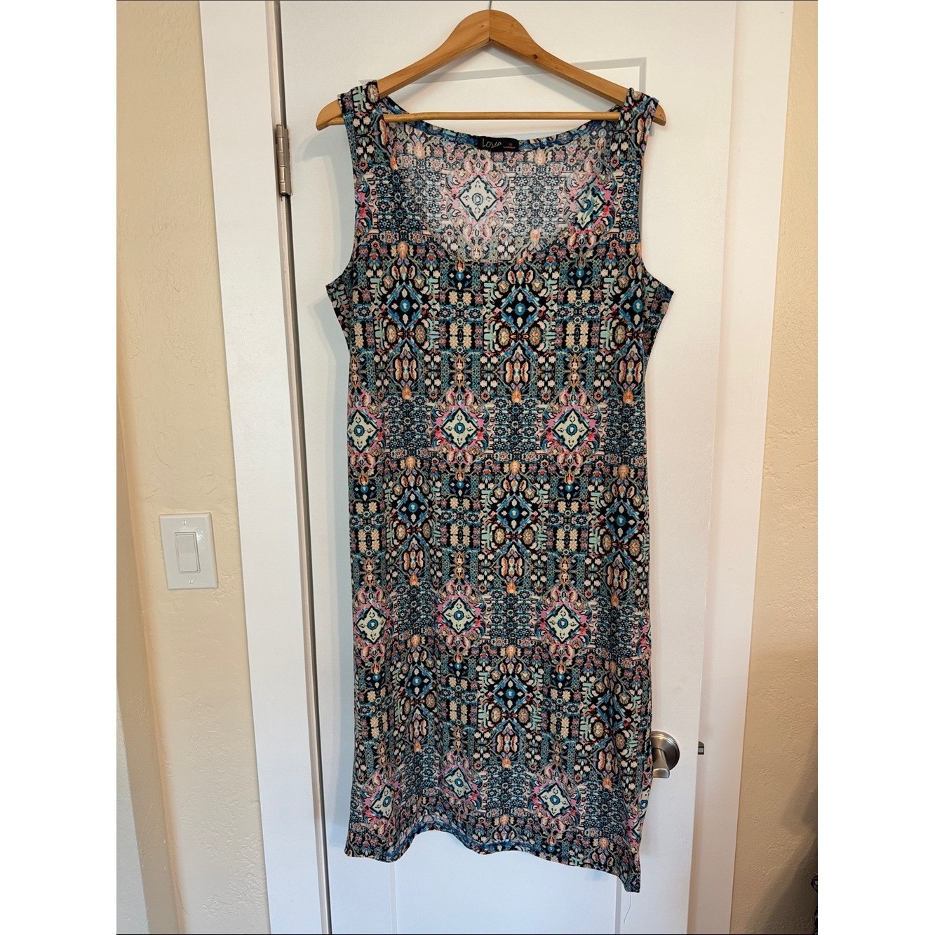 Multicolor Geometric Midi Tank Dress in Teal, Pink, Cream Size 2X