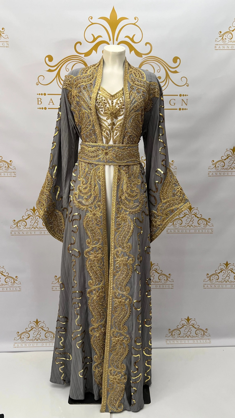 Kaftan Caftan Abaya Dress Golden Embroidery & Beads Paisley Design Long Sleeve