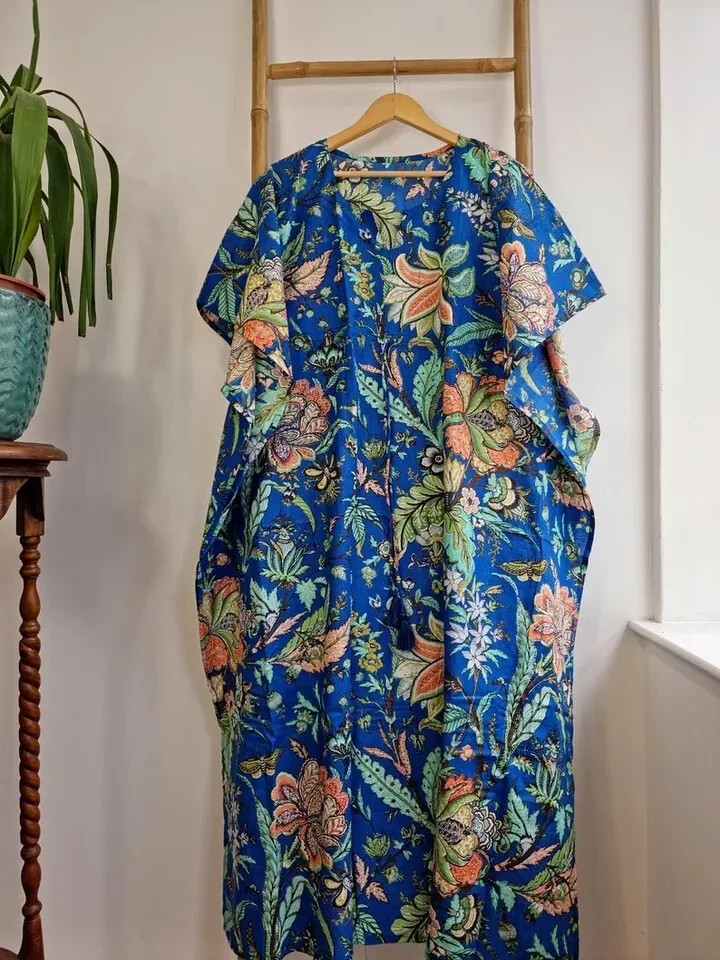 Indian Vintage 100% Cotton Long Beach Maxi Kaftan Dress One Size Caftan Kimono