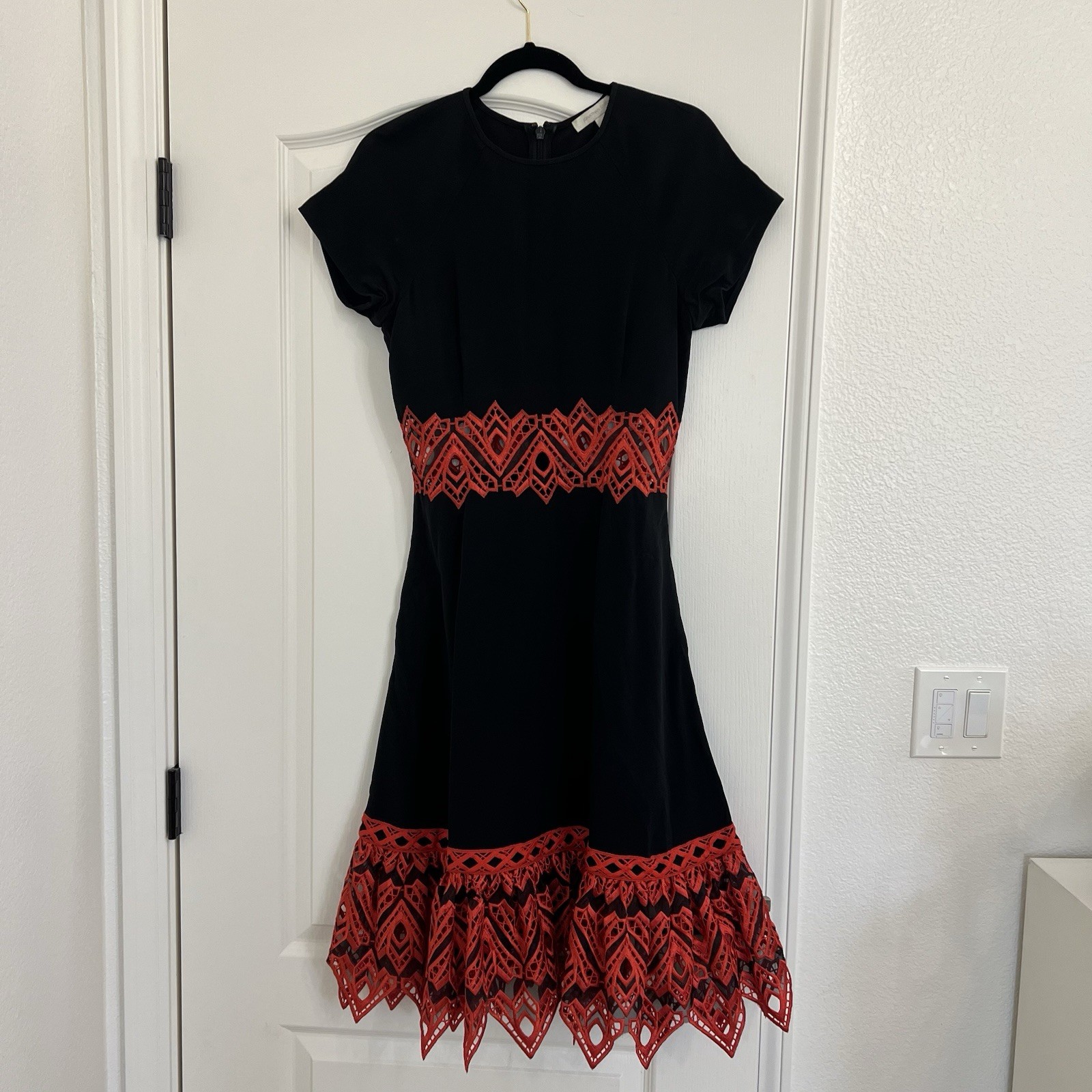 Jonathan Simkhai Black/Red Lace Trim Fit & Flare Round Neck Dress Sz 6
