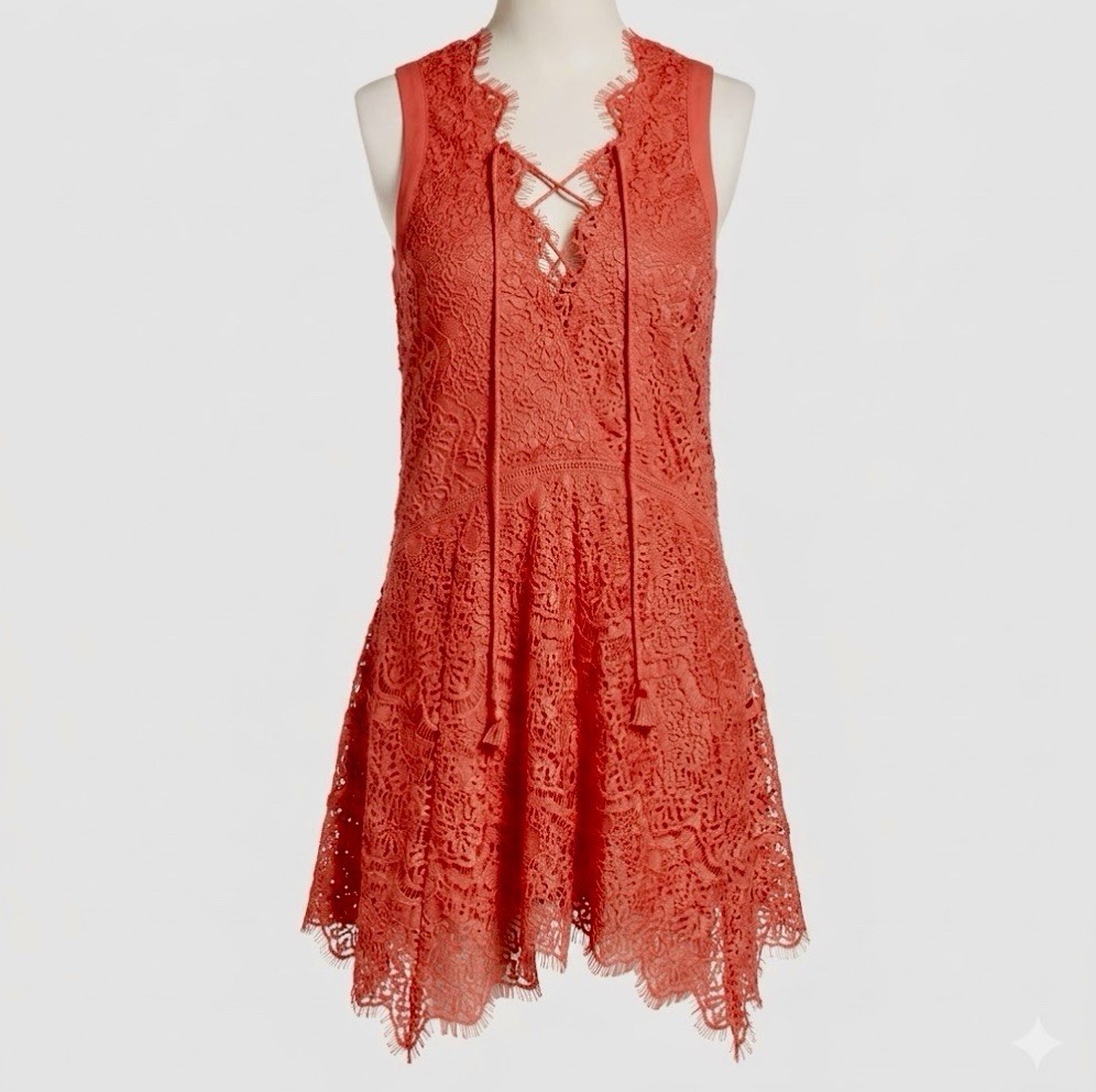 Adelyn Rae Boho Festival Lace Dress Scalloped Hem Lace-up Tassel Coral Small NWT