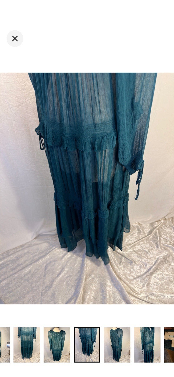 Sundance Teal Sheer Chiffon Ruffle Tie Neck Midi Dress Cupro Viscose Size S
