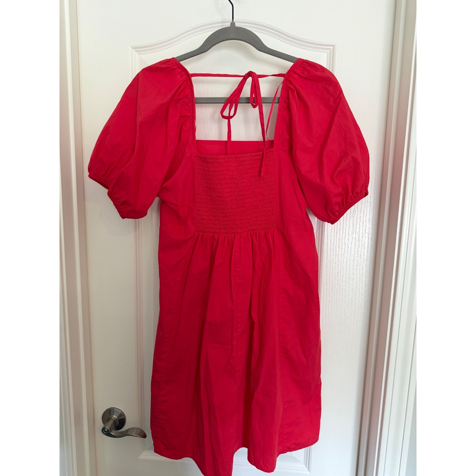 Draper James Red Puff Sleeve Dress Womens Smocked Back Cotton EUC L