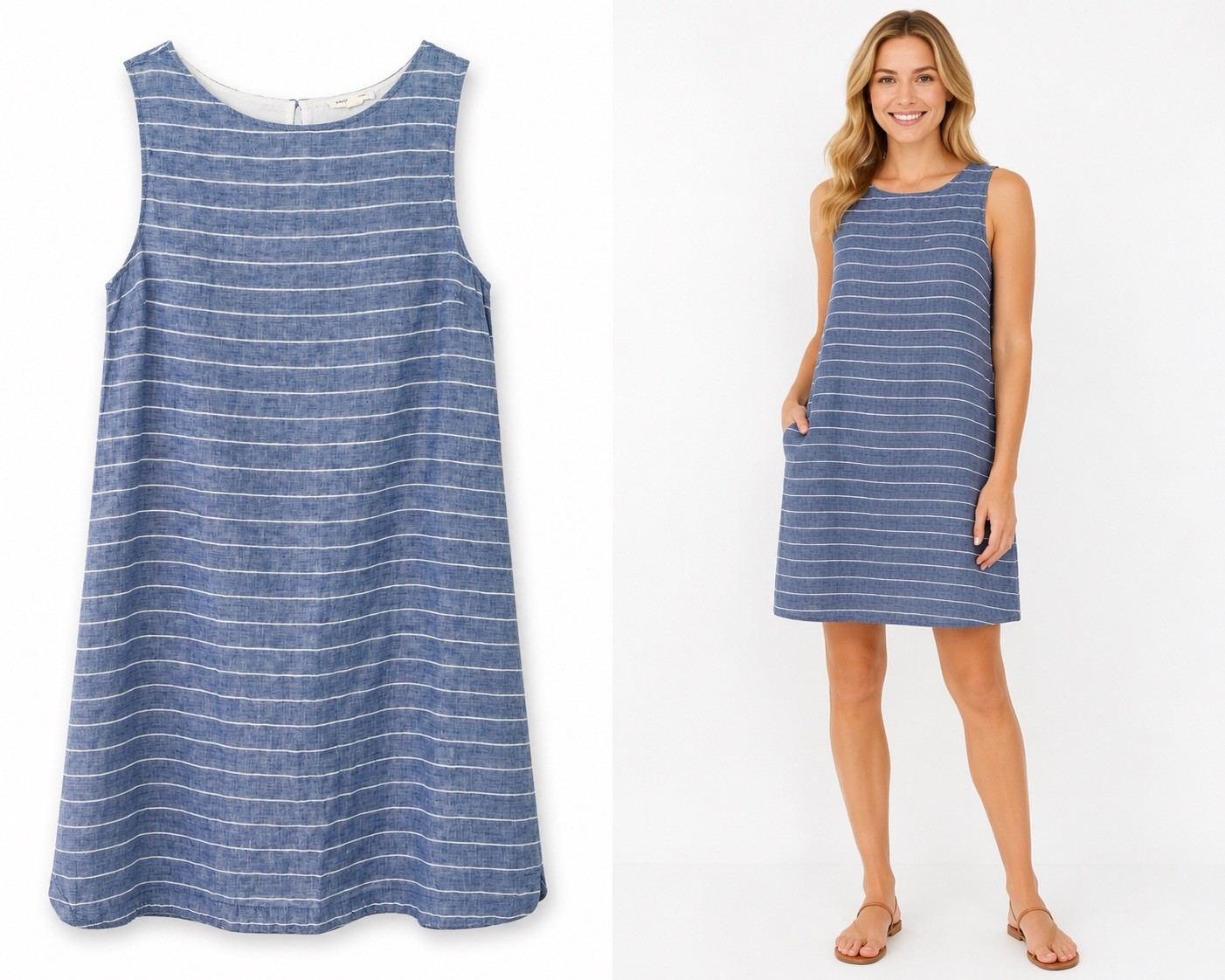Beach Lunch Lounge Stripe Lined Shift Dress White & Chambray Linen & Cotton Sz L