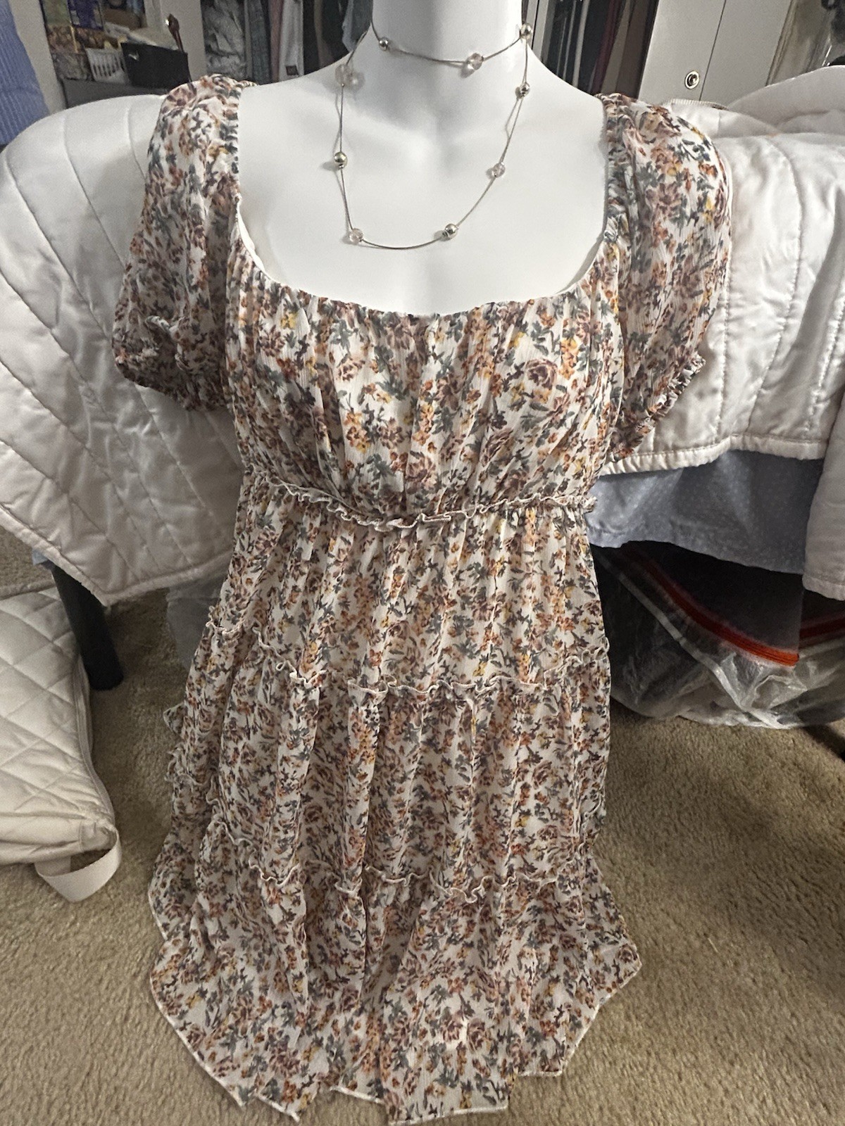 Trixxi Floral Cottagecore Puff Sleeve Tiered Babydoll Mini Dress Women’s M