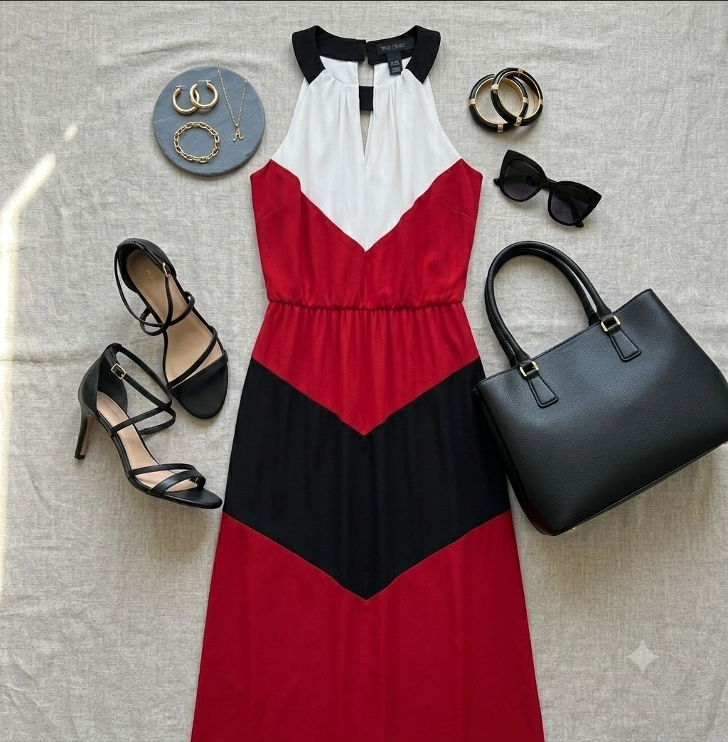 White House Black Market XXS Red/White/Black Colorblock Halter Sleeveless Maxi