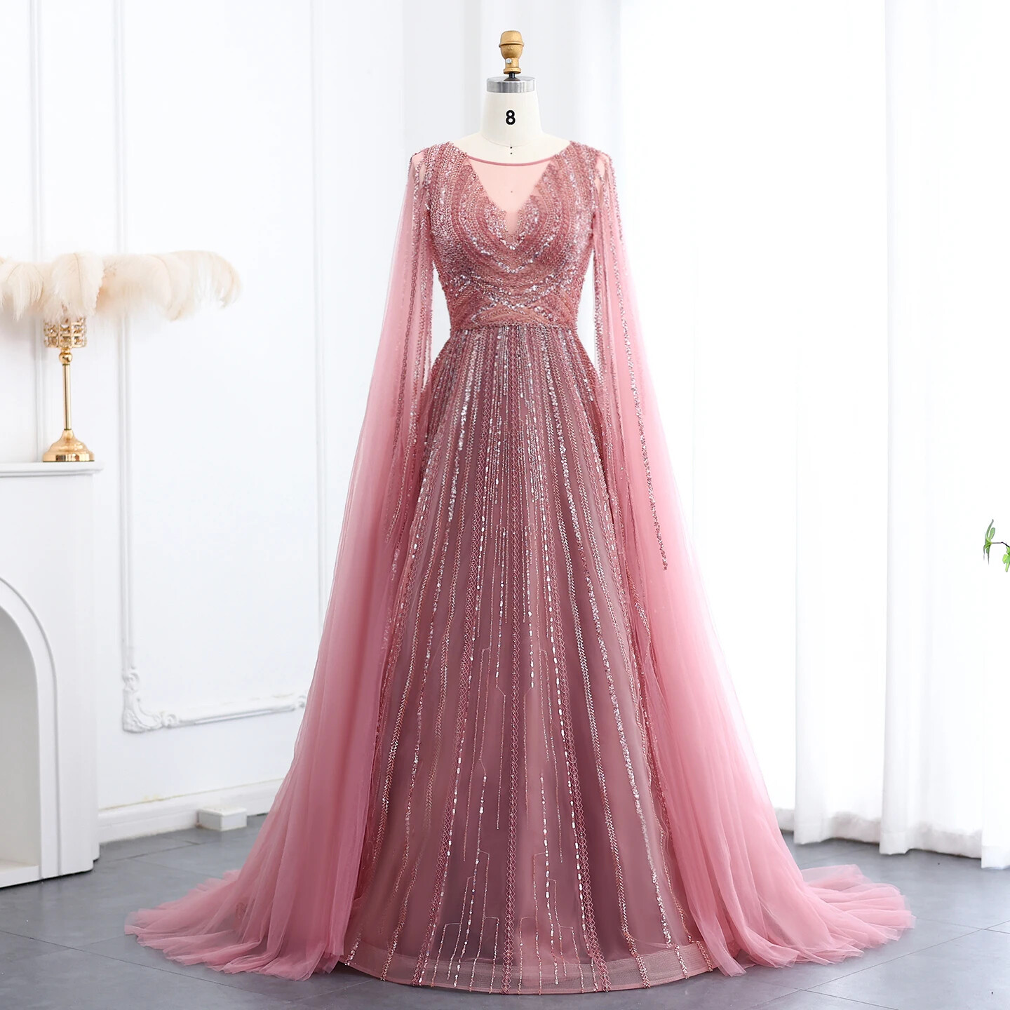 Luxury Gray Green Blue Pink Elegant Evening Dresses with Cape Sleeves Women