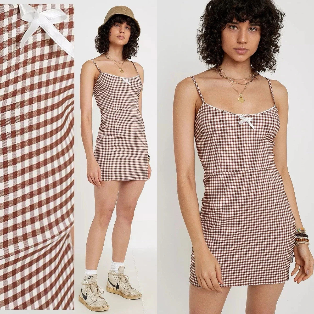 UO Gingham Brown Mini Dress S Coquette Cottagecore Festival Boho Hipster
