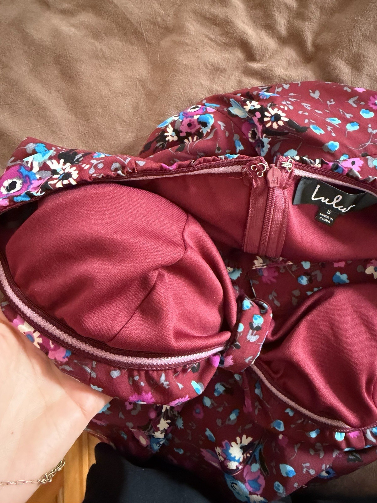 Lulus Burgundy Floral Strapless Bow Mini Dress – Size Small