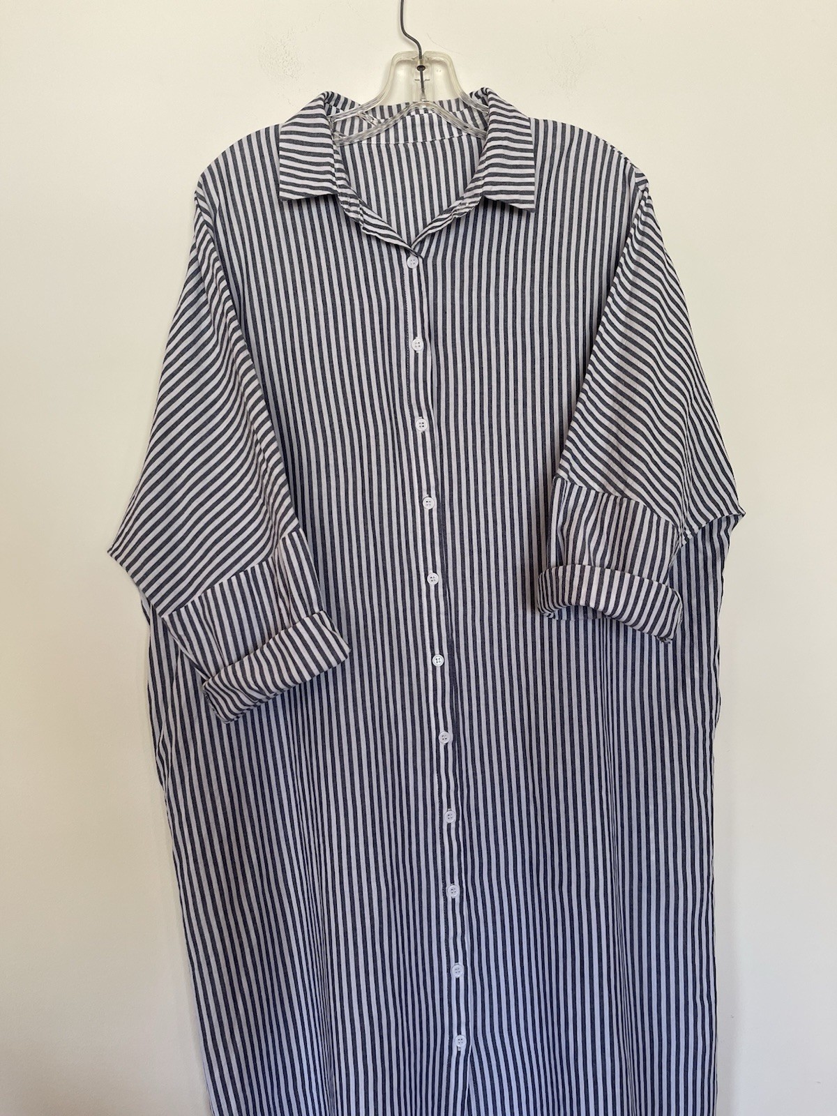100% Cotton Shirt Dress Striped Button-Up Collared ChouYatou Medium Maxi Midi