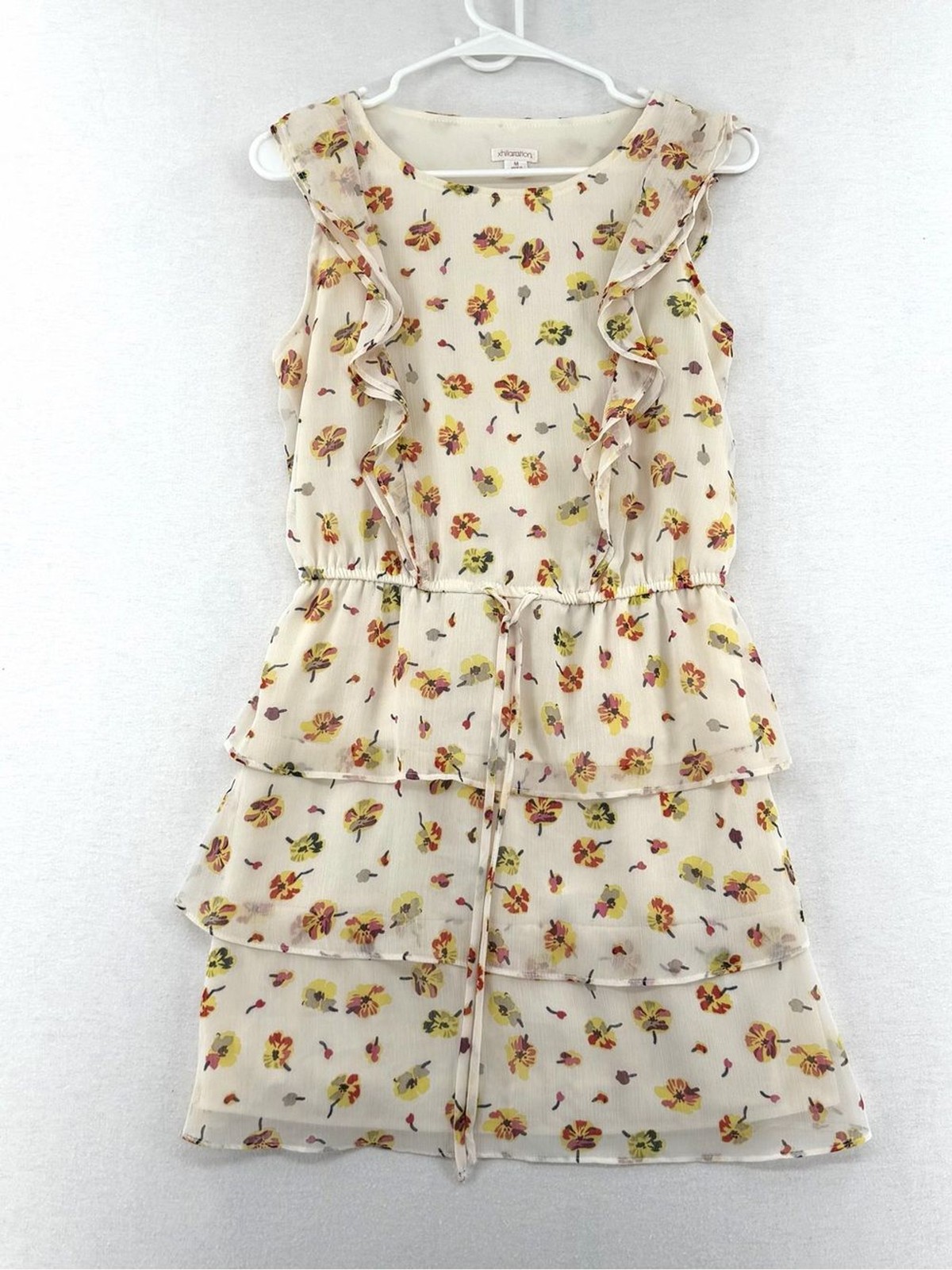Xhilaration Cream Floral Ruffle Tiered Sleeveless Mini Dress Size Medium