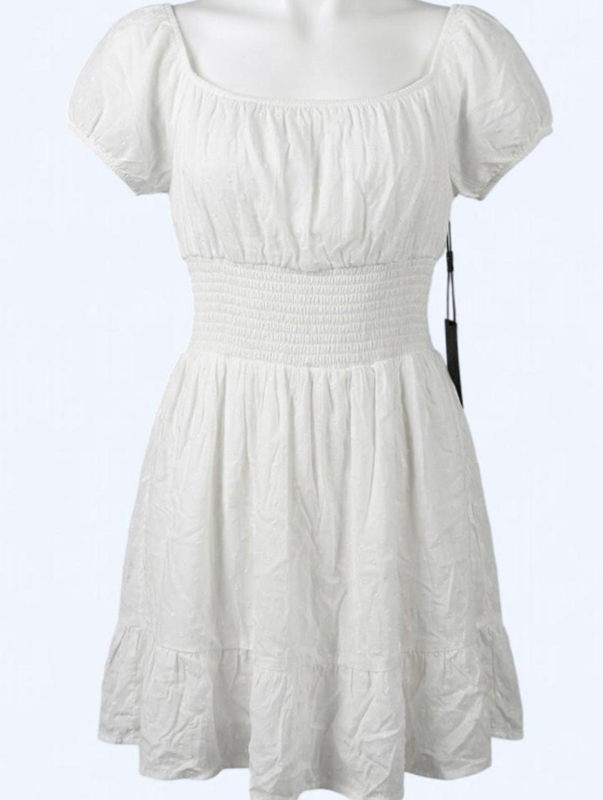Faded Rose Women’s White Smocked Waist Square Neck Puff Sleeve long blouse (L)