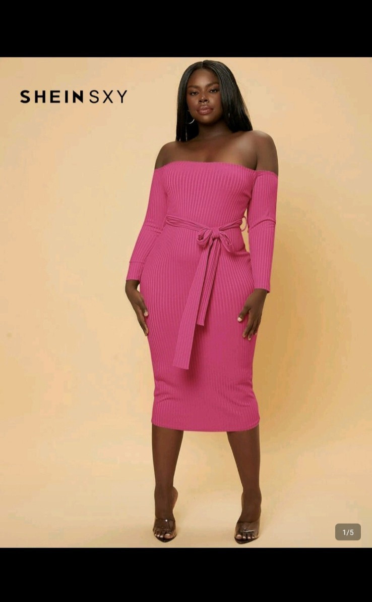 SHEIN CURVE Pink Off Shoulder Ribbed Bodycon Midi Dress Tie Belt 1XL