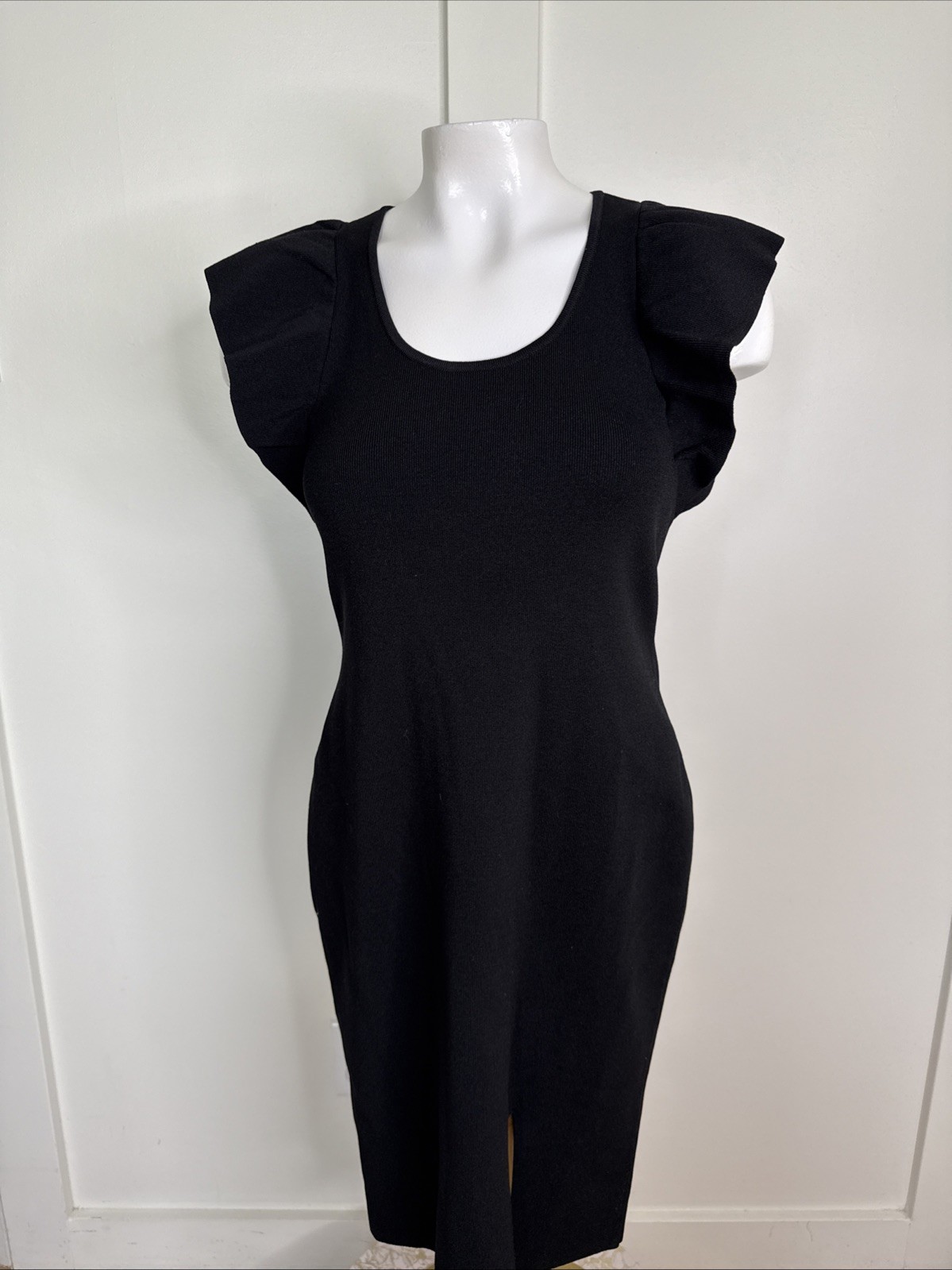 Express Petite Black Sz XS Knit Sheath Dress Ruffle Sleeves Slit Polyester Blend