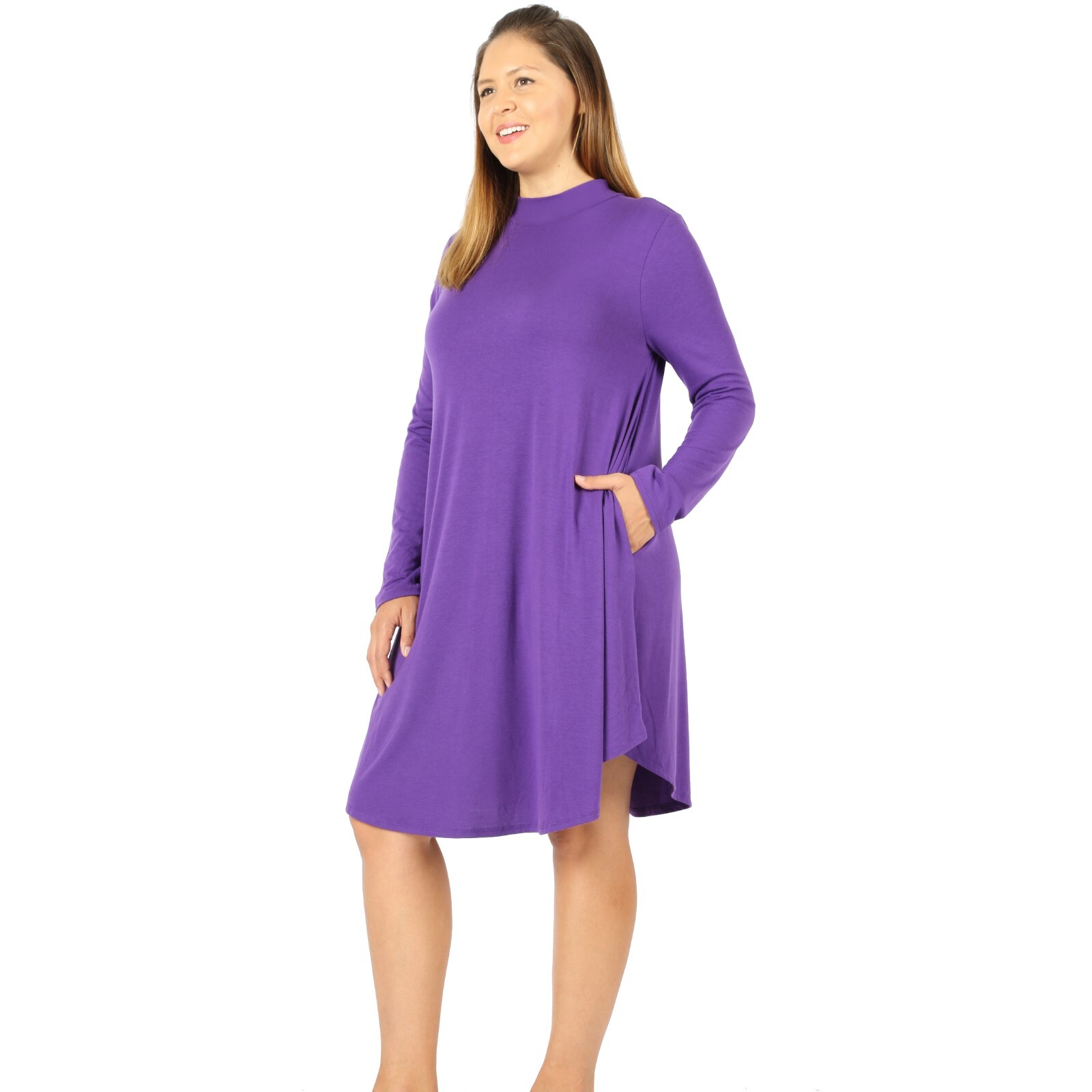 Long Sleeve Swing T-Shirt Dress Mock Neck Solid Casual Tunic Soft Knit Dress