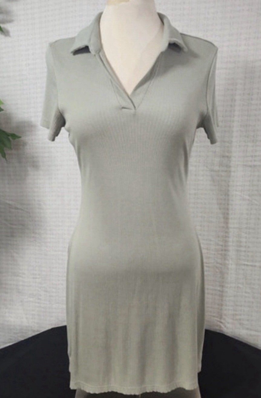 Style Rack Ribbed Knit Collared Short Sleeve Bodycon Dress Green L