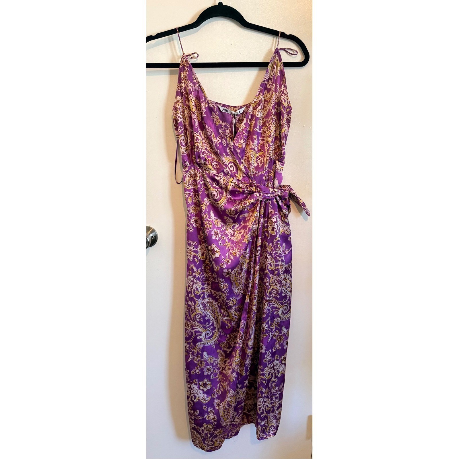 ZARA Purple Paisley Print Satin Wrap Midi Dress Spaghetti Straps Tie Waist M NWT