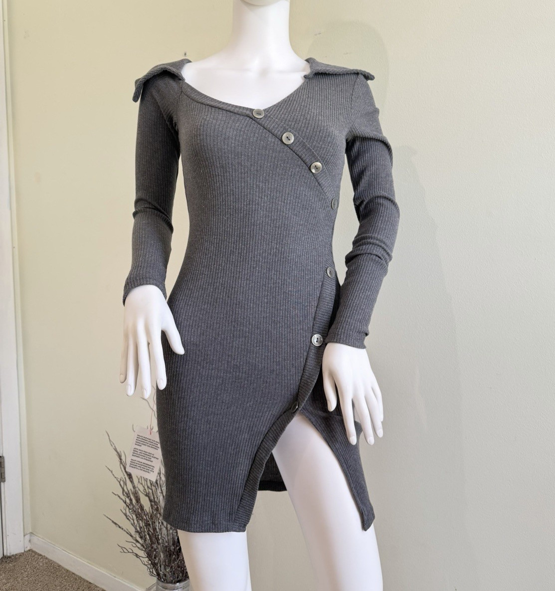 ASOS DESIGN Gray Ribbed Knit Button Wrap Front V-Neck Bodycon Mini Dress 2