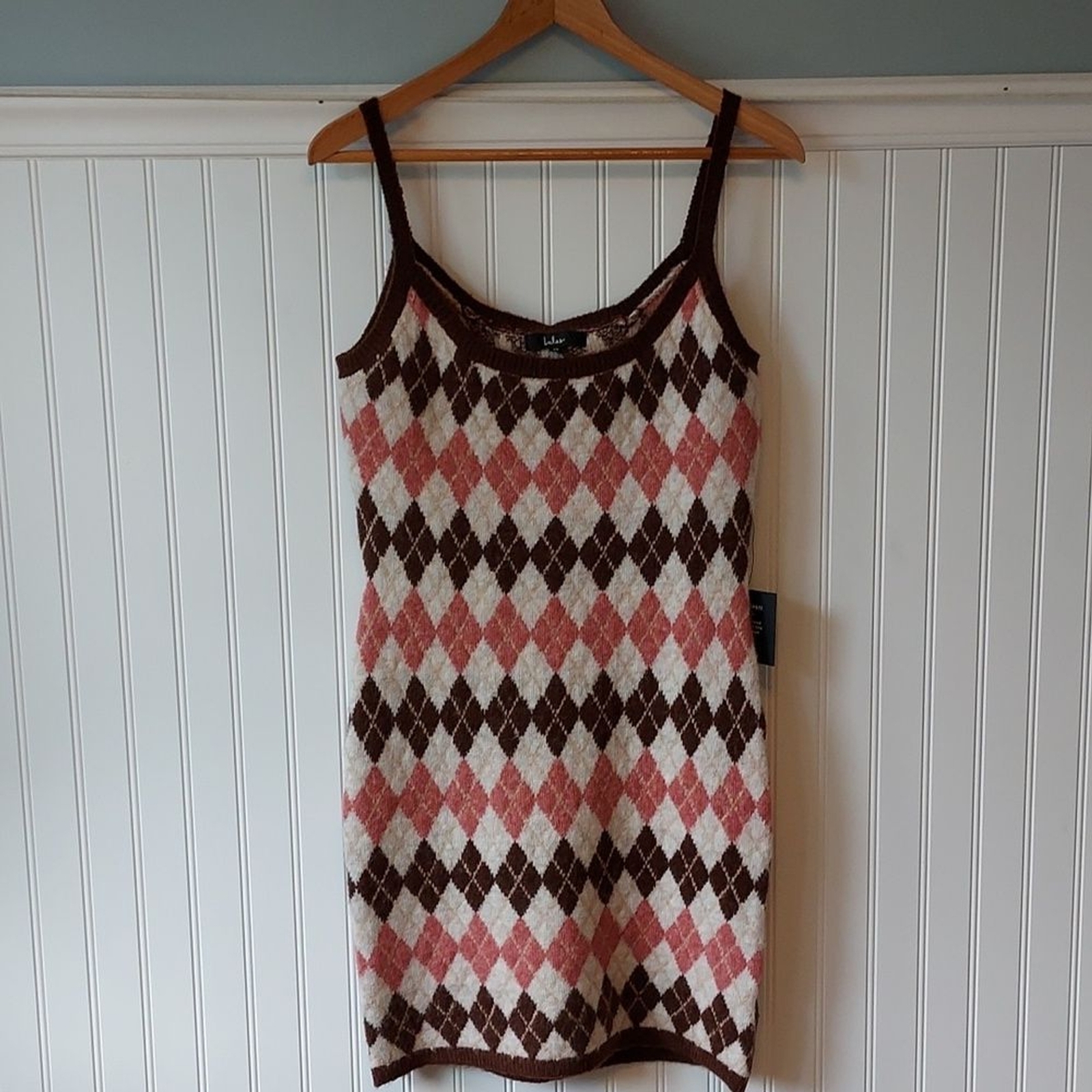 Lulus Argyle Knit Mini Sweater Dress Brown Pink Cream XL Academia Schoolgirl