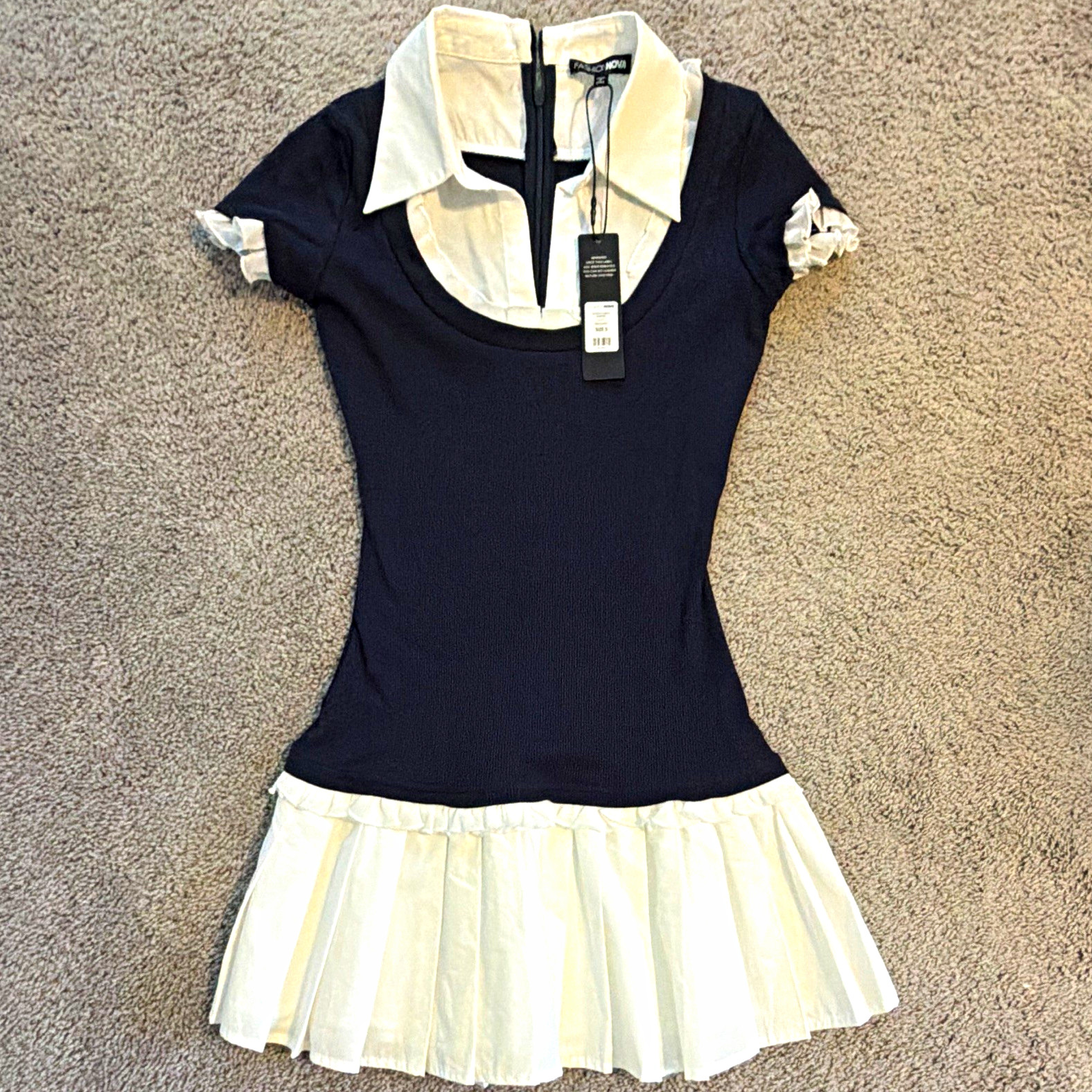 Fashion Nova Navy/White Colorblock Ribbed Collared Mini Dress Size S 11320RP