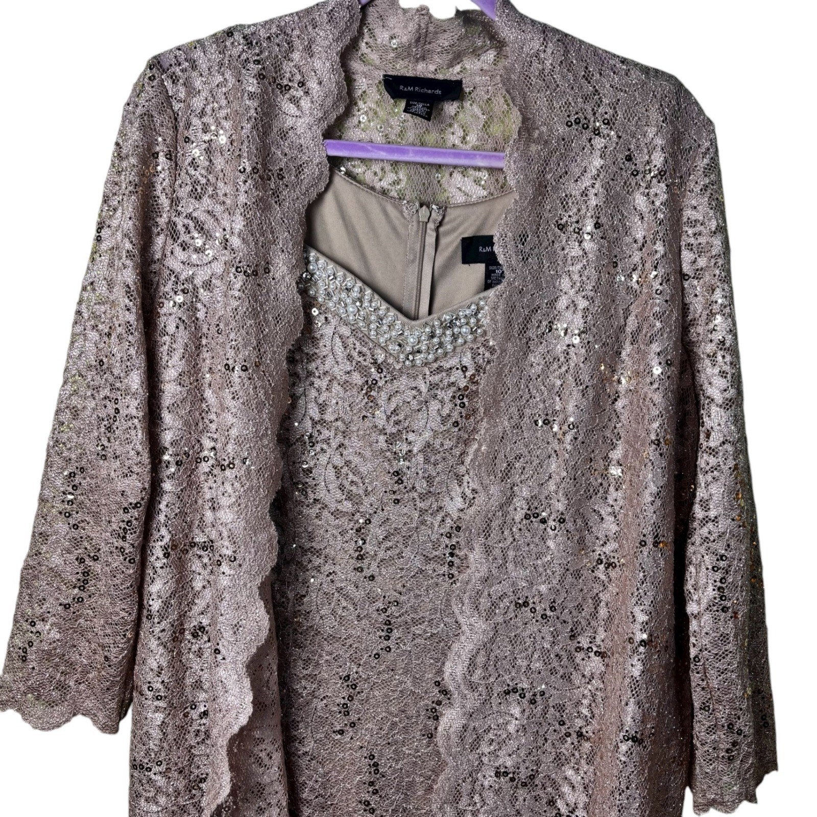 R & M Richards Womens Taupe 2 Piece Dress Jacket Outfit Lace Sequins Party