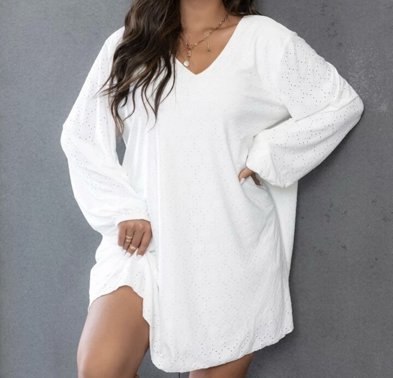 Women’s Plus White Lined Eyelet Lace Dress Sz 2XL SHEIN CURVE Bishop Sleeve