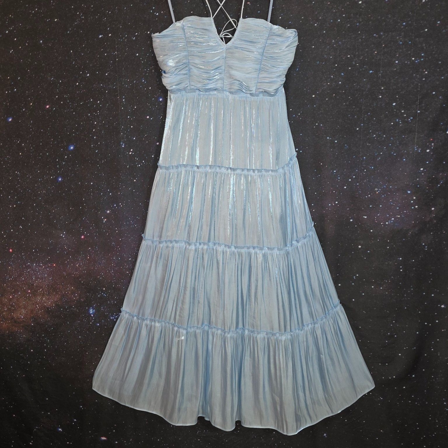 AQUA Dress Sz XL Ice Blue Metallic Ruched Tiered Cami Midi NWT