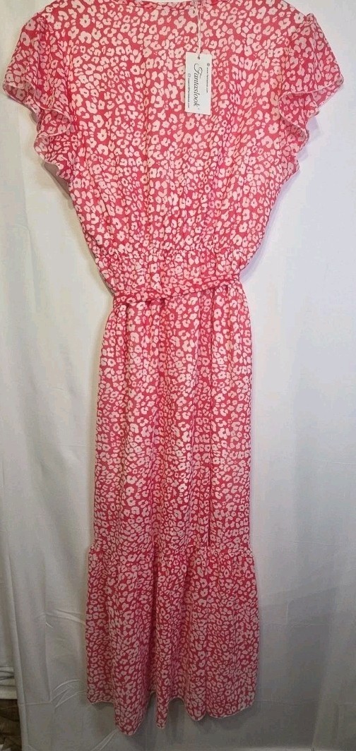 Fantaslook Women’s Small Pink White Animal Print Maxi Dress NWT Lined Tie Waist