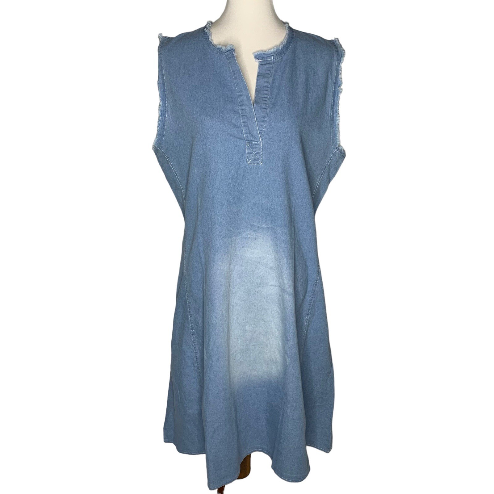 ChouYatou Denim Sleeveless Mid Calf Dress Large Distressed Frayed Neckline