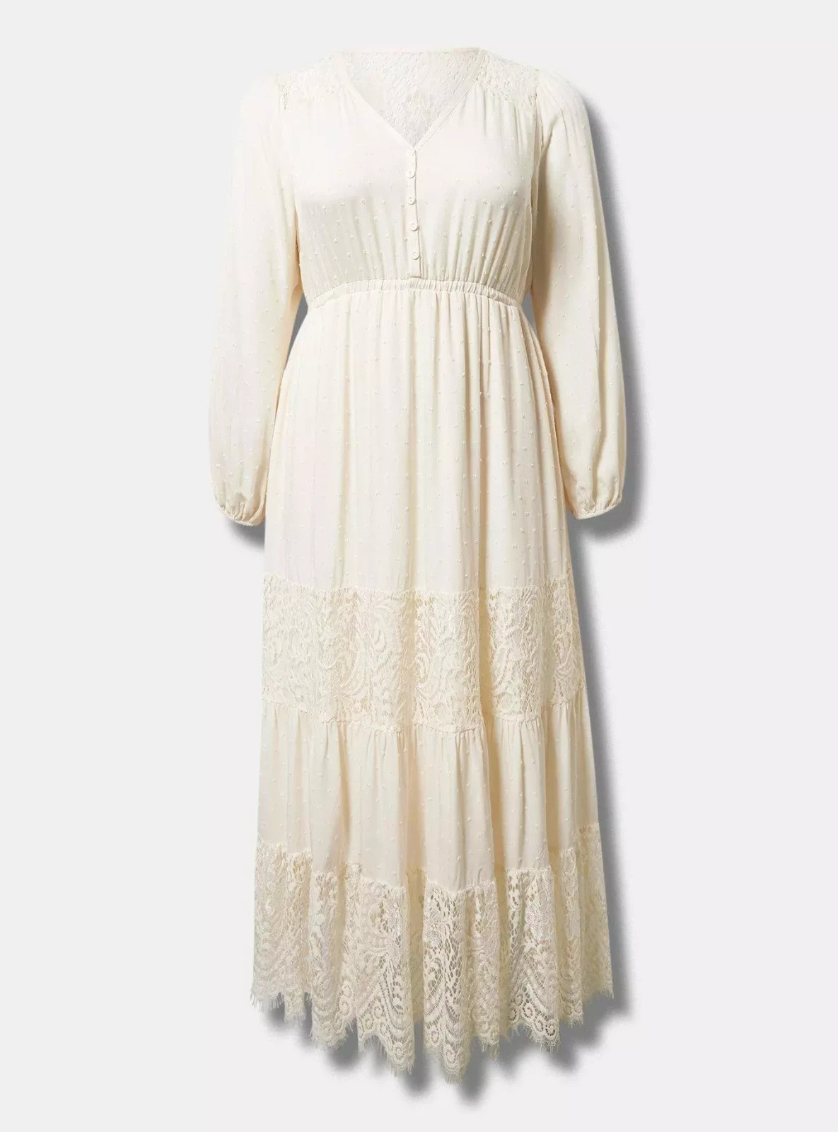 Torrid NWT Size 1X Ivory Swiss Dot Lace Contrast Tiered Maxi Boho Dress