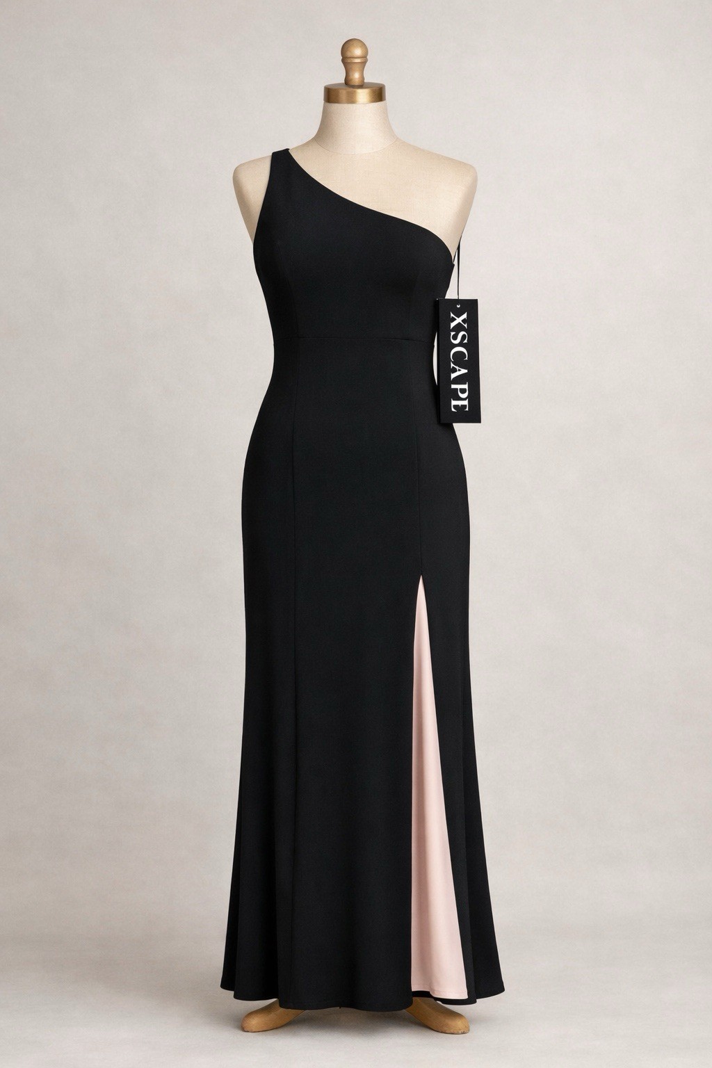 Xscape Black/Pink Satin One Shoulder Draped Lined Stretch Maxi Dress Women 10